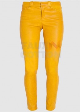 Women's Slim Fit Yellow Leather Pant